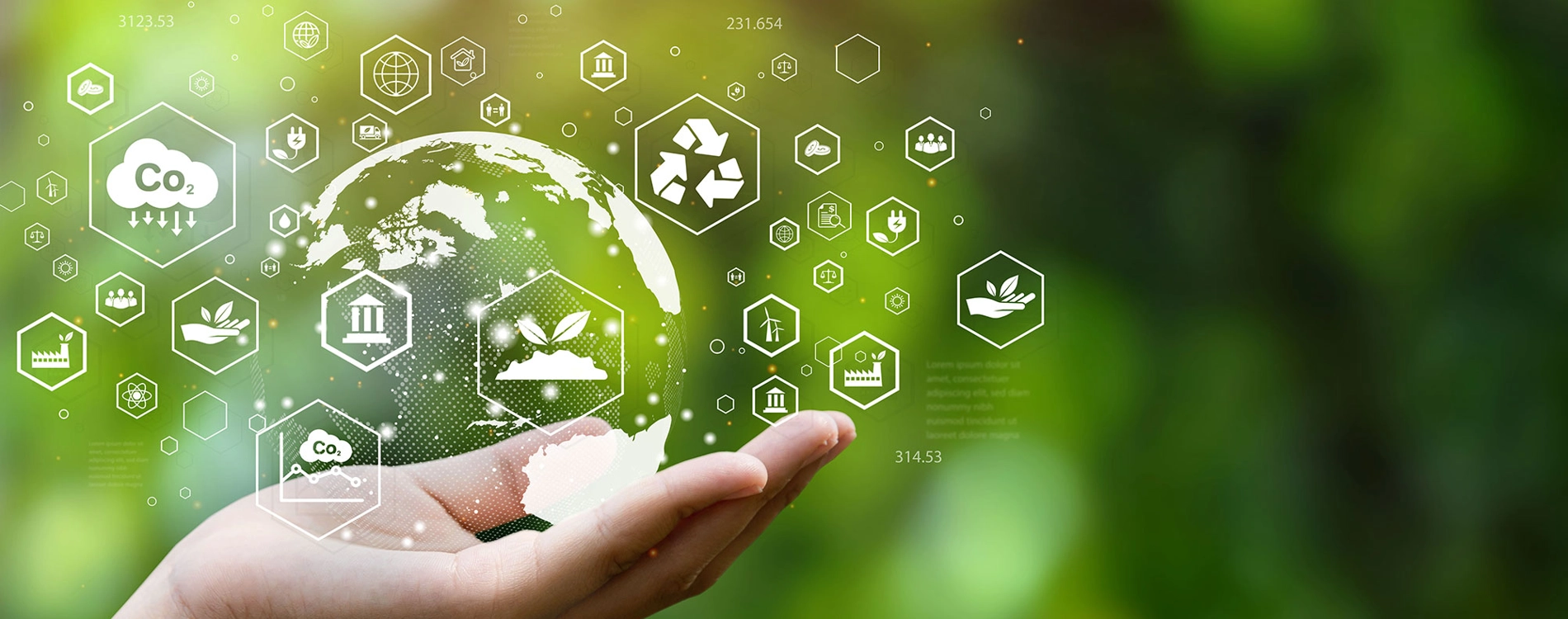 person holding a virtual globe with different sustainability icons in hand